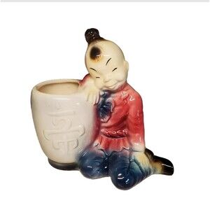 Vintage Asian Boy Royal Copley Oriental Ceramic Pottery Planter Figurine Figure
